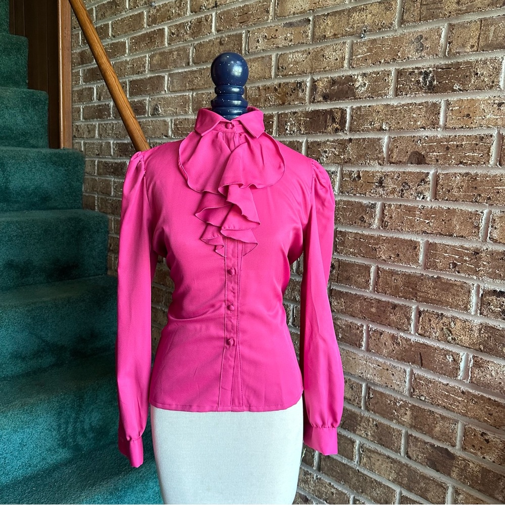 VTG 80s Retro NWT Hot Pink Ruffle Button Front Long Sleeve Blouse